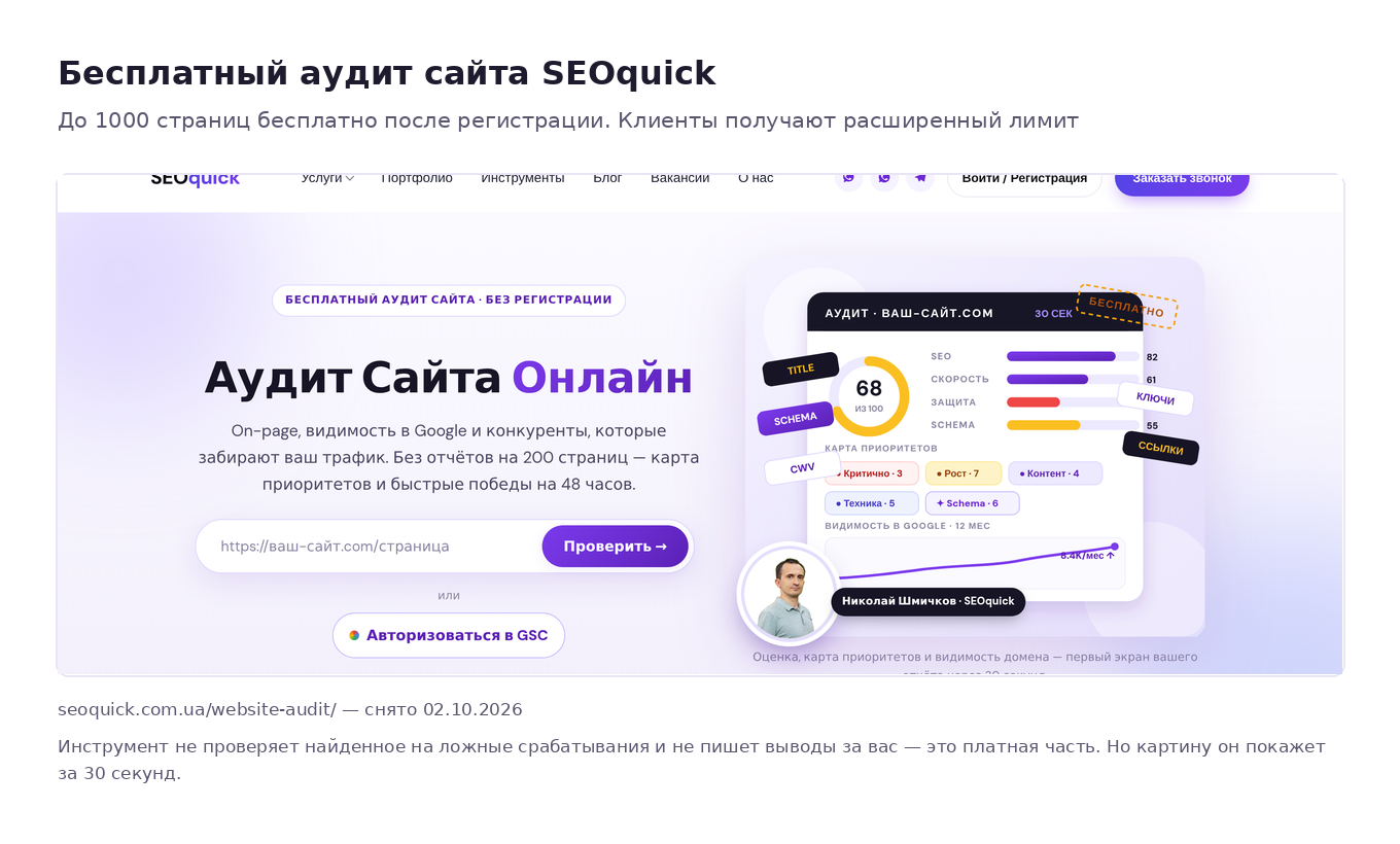 Первый экран бесплатного аудита сайта SEOquick: поле для адреса, авторизация через Google Search Console, карта приоритетов