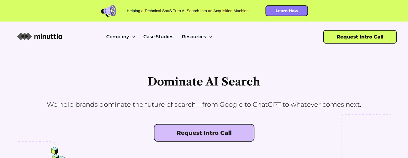 Главная страница Minuttia с заголовком Dominate AI Search