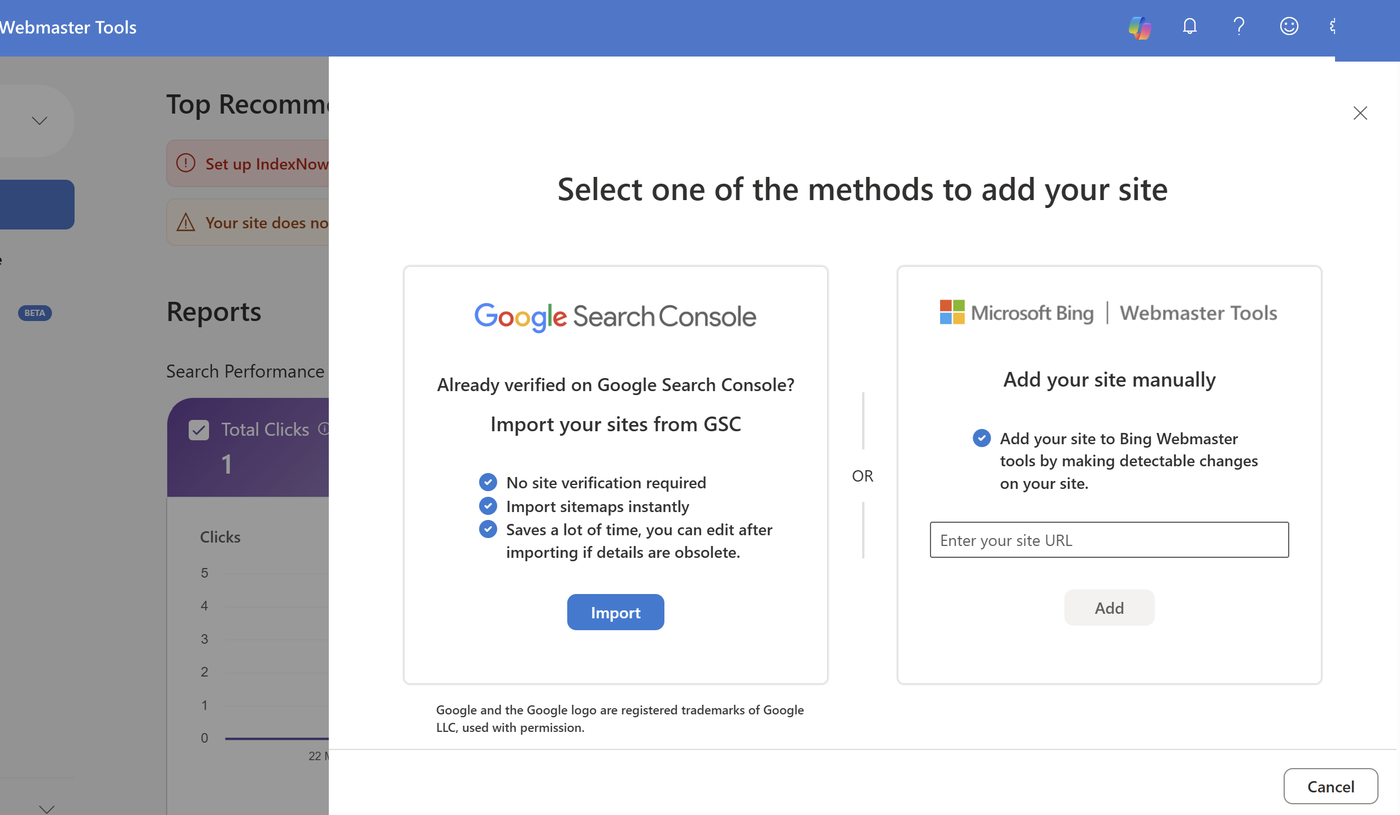 Bing Webmaster Tools add-site screen with two tiles: import from Google Search Console and add your site manually
