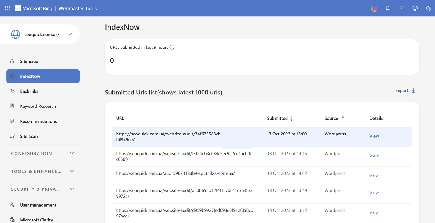 IndexNow report in Bing Webmaster Tools: submitted URL counter and a table of recent submissions