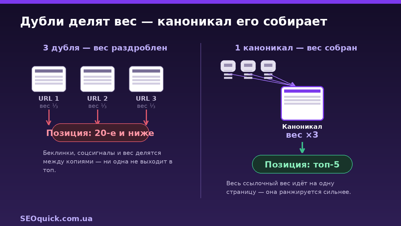 Comparison: signals diluted across three duplicates vs. signals consolidated on one canonical page
