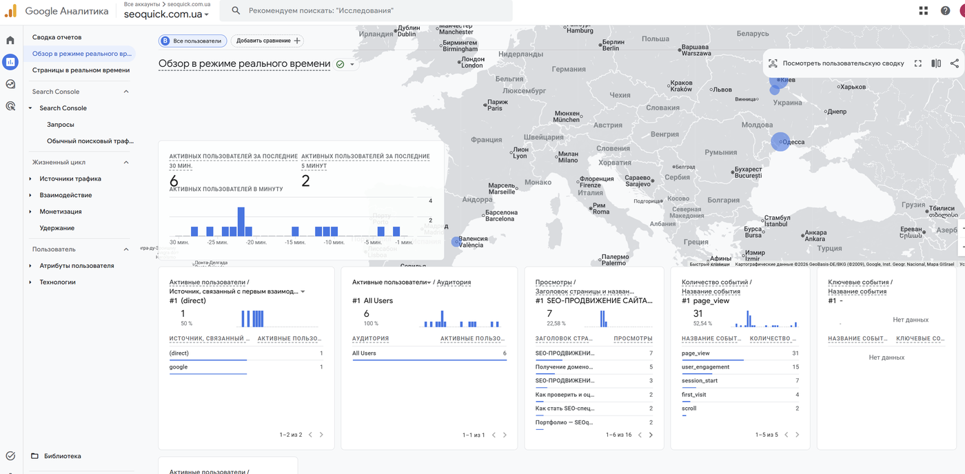 GA4 Realtime report: active users on a map of Europe, events, and traffic sources