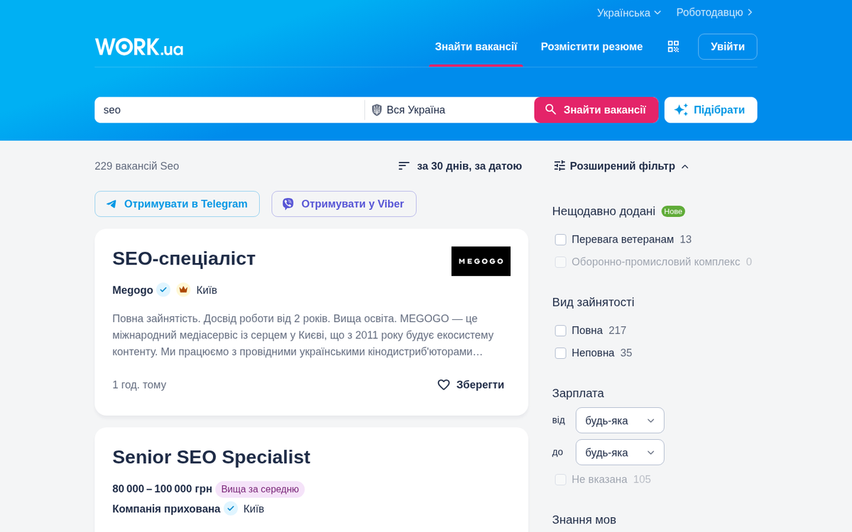 SEO vacancies on Work.ua: 229 openings, Senior SEO Specialist salary of UAH 80,000–100,000 (June 2026)