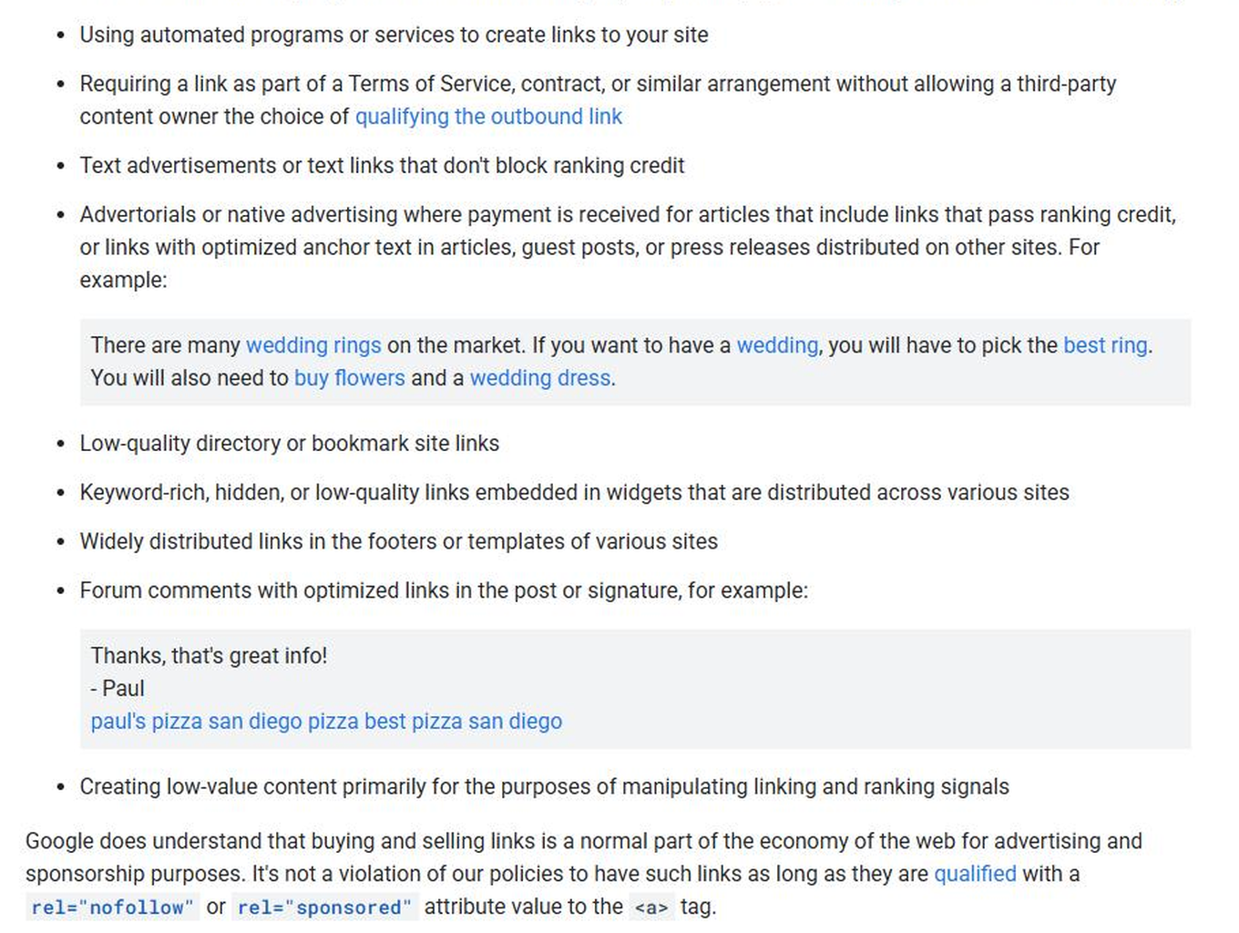 The Link spam section of Google's spam policies: the list of link scheme examples and the paragraph about rel nofollow and rel sponsored
