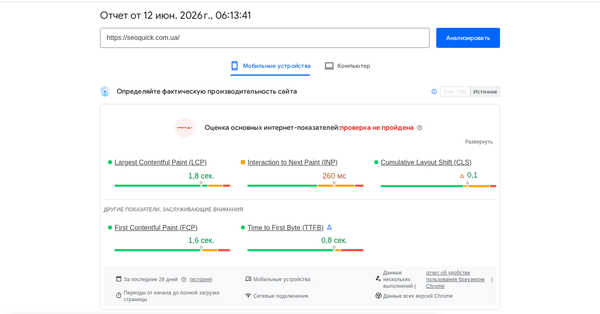 Core Web Vitals of seoquick.com.ua in PageSpeed Insights: LCP 1.8s, INP 260ms, CLS 0.1 (June 2026)
