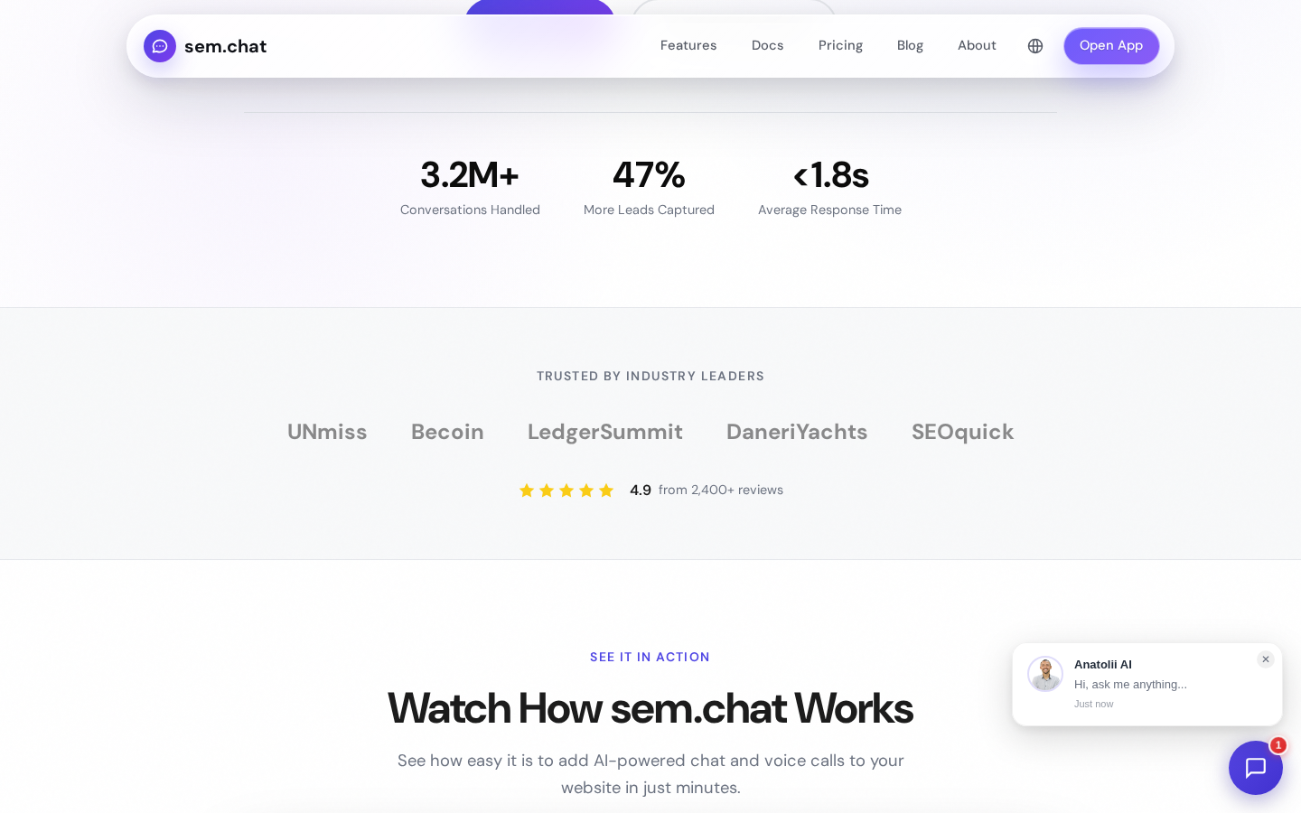 Сайт sem.chat: блок Trusted by industry leaders — UNmiss, Becoin, LedgerSummit, DanEriYachts, SEOquick
