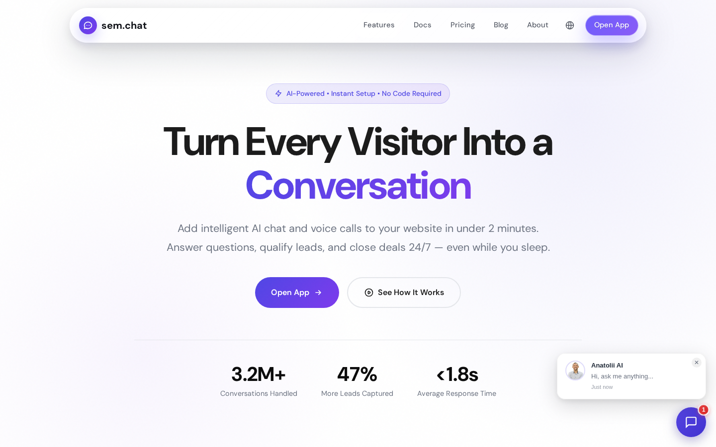 Главная sem.chat: Turn Every Visitor Into a Conversation — AI-чат и голосовые звонки, 3,2M+ диалогов, ответ менее 1,8 с