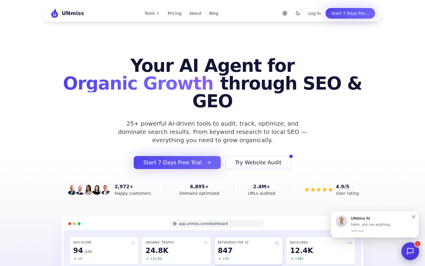 Главная UNmiss.com: Your AI Agent for Organic Growth through SEO & GEO, 25+ инструментов