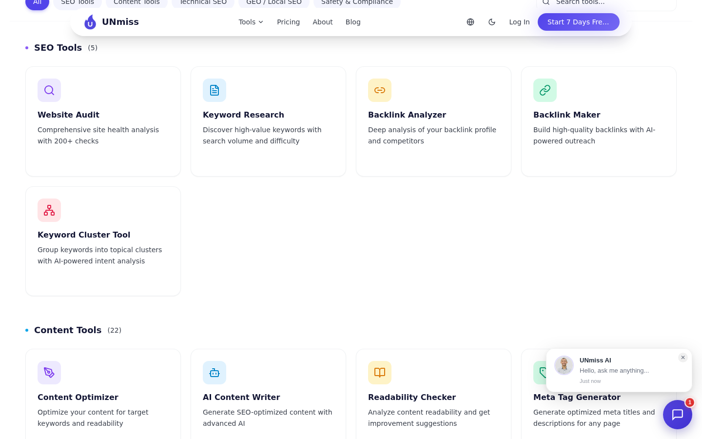 Хаб инструментов UNmiss: категории SEO Tools, Content Tools, Technical SEO, GEO/Local SEO